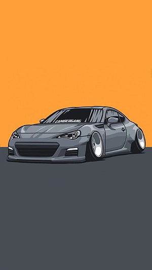 Stylized Cartoon Illustration of a Stanced JDM Coupe on Orange Background HD phone wallpaper