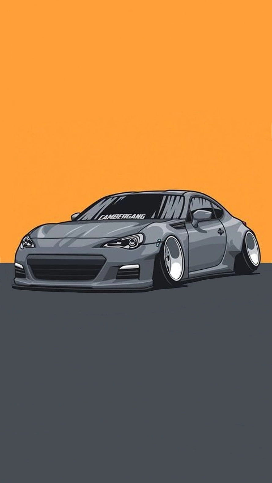 Stylized Cartoon Illustration of a Stanced JDM Coupe on Orange Background HD phone wallpaper
