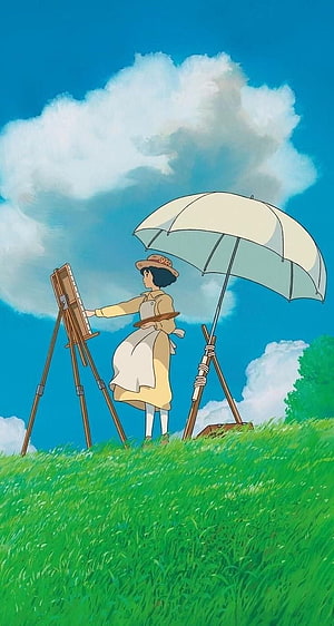 Studio Ghibli Anime Scene of a Woman Painting on a Grassy Hill Under a Parasol HD phone wallpaper