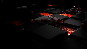 Dark 3D Lava Flow Breaking Through Black Stone Tiles HD wallpaper