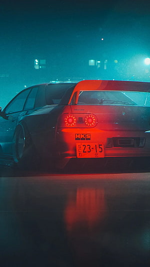 Nissan GTR Rear View at Night with Neon Red Taillights and HKS Badge HD phone wallpaper