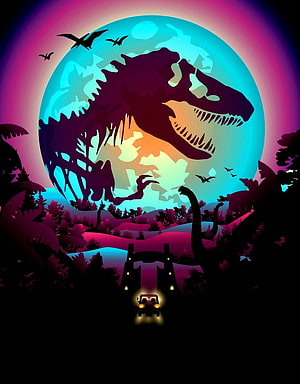 Jurassic Park T-Rex Silhouette Against Neon Moon With Jeep And Pterodactyls HD phone wallpaper