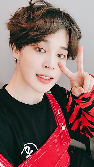 Jimin BTS K-Pop Idol Close-Up Portrait in Black and Red Outfit HD phone wallpaper