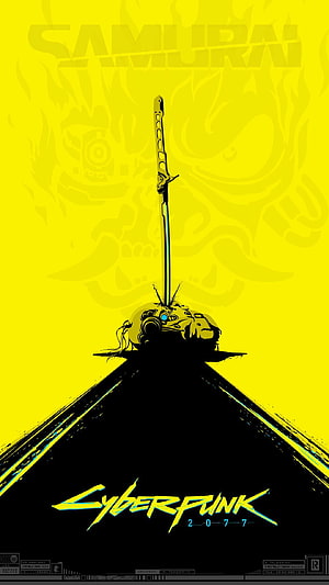 Cyberpunk 2077 Samurai Character Poster with Katana and Neon Yellow Background HD phone wallpaper