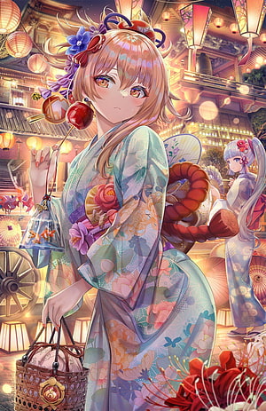 Yae Miko in Floral Kimono at a Lantern-Lit Japanese Festival with Candied Fruits HD phone wallpaper