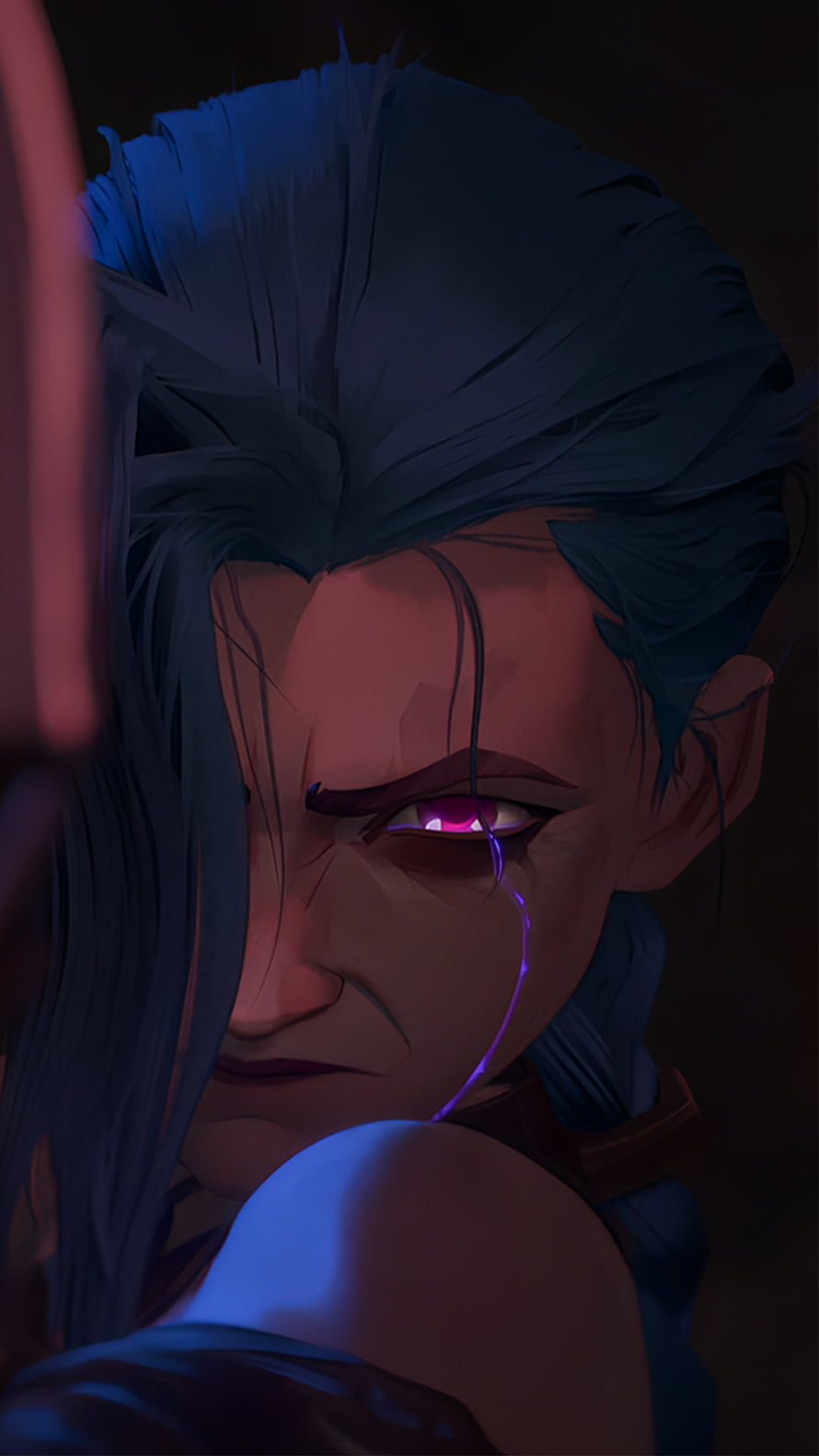 Arcane Jinx Close-Up Portrait with Glowing Eye and Blue Hair HD phone wallpaper