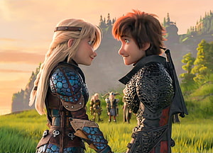 Hiccup and Astrid in Dragon Rider Armor at Sunset HD wallpaper