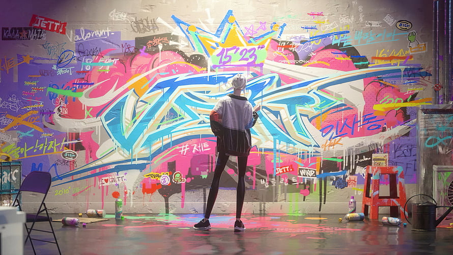 Jett from Valorant Standing Before Vibrant Graffiti Wall in Urban Setting HD wallpaper