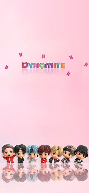 BTS TinyTan Chibi Characters on Soft Pink Background with Dynamite Logo HD phone wallpaper
