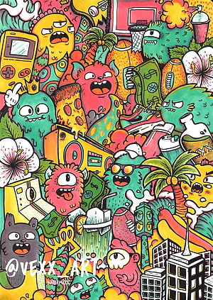 Vexx Art Colorful Doodle Illustration Featuring Cartoon Monsters, Retro Tech, and Tropical Elements HD phone wallpaper