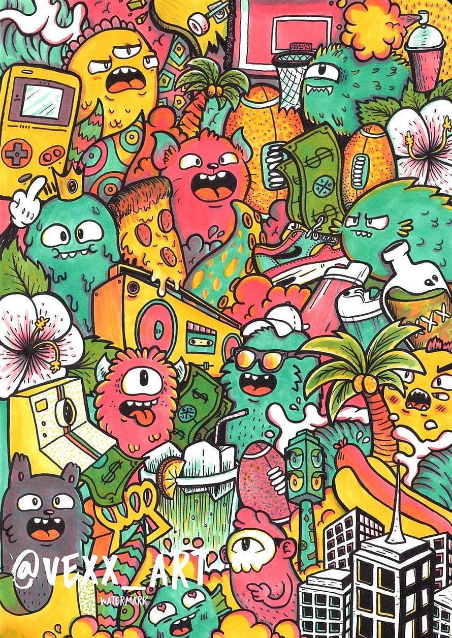 Vexx Art Colorful Doodle Illustration Featuring Cartoon Monsters, Retro Tech, and Tropical Elements HD phone wallpaper
