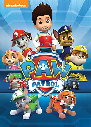 Paw Patrol Team Group Poster Featuring Ryder and Pups with Vehicles on Blue Background HD phone wallpaper