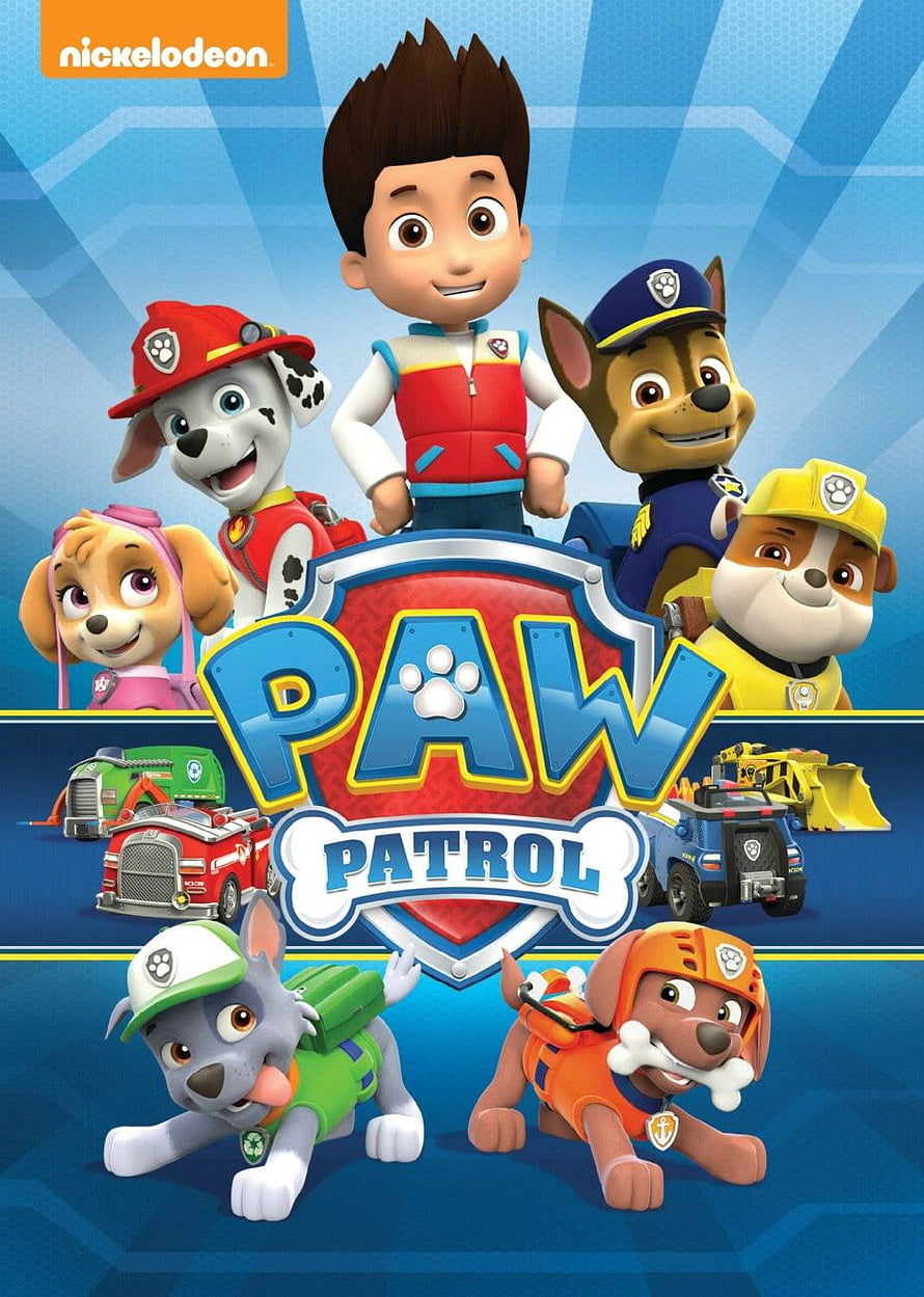 Paw Patrol Team Group Poster Featuring Ryder and Pups with Vehicles on Blue Background HD phone wallpaper