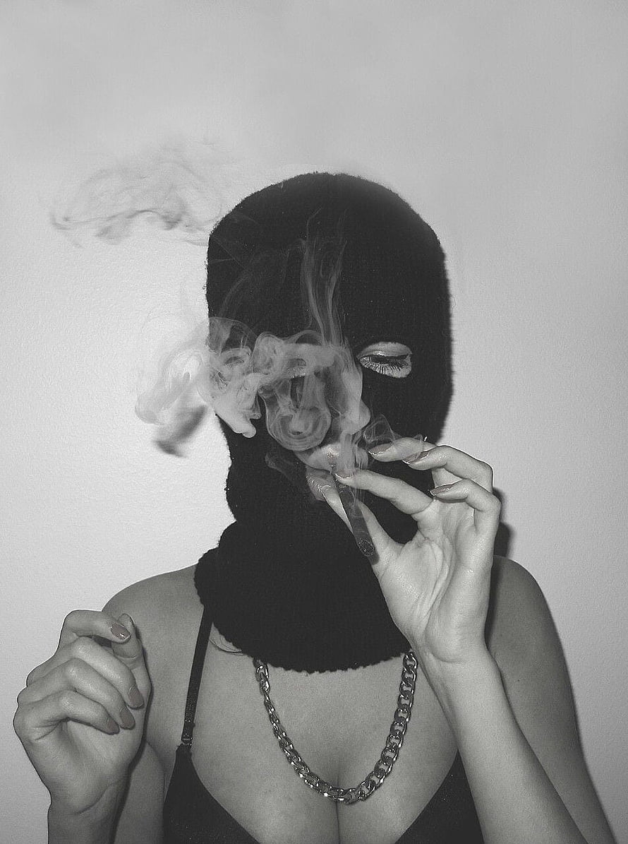 Black and White Portrait of Woman in Balaclava Smoking Cigarette with Chain Necklace HD phone wallpaper