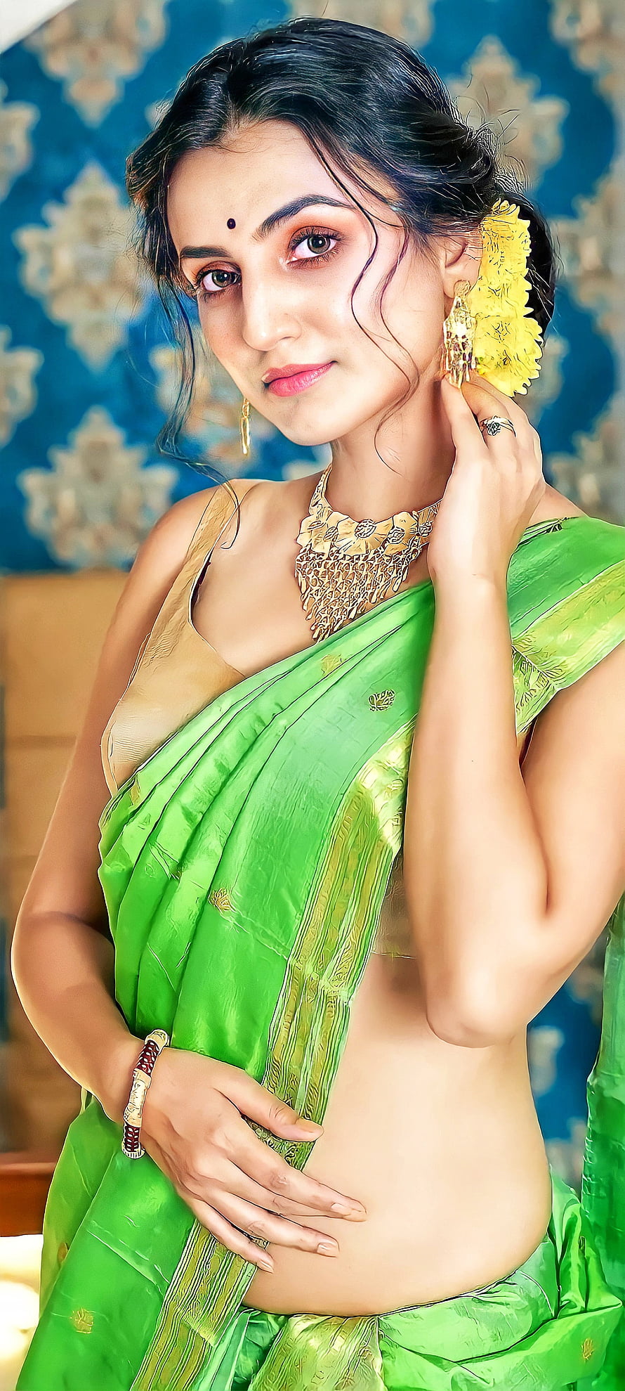 Elegant Indian Woman in Vibrant Green Silk Saree with Gold Jewelry and Floral Hairpiece, Beautiful girl, Sari, Indian HD phone wallpaper