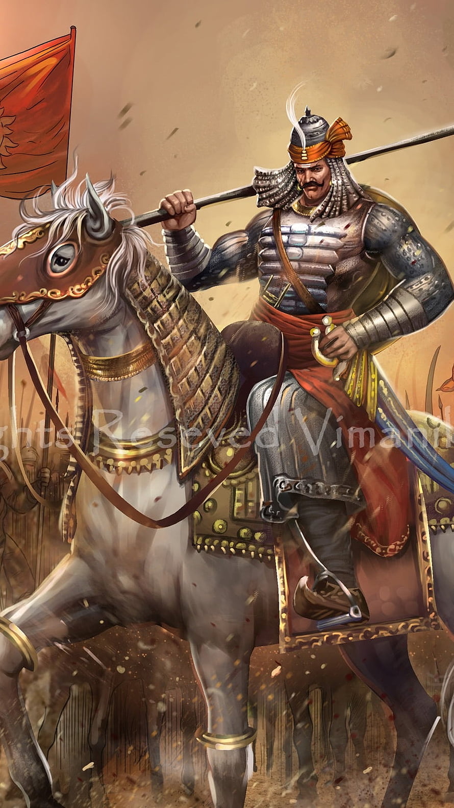Maharana Pratap on Horseback in Full Armor with Lance and Red Banner HD phone wallpaper