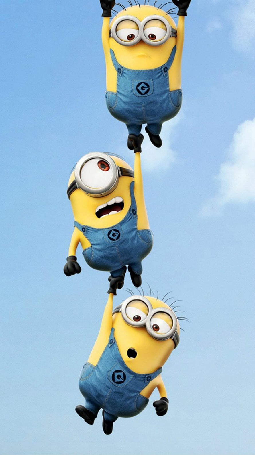 Three Minions from Despicable Me hanging in a vertical chain against a bright blue sky HD phone wallpaper