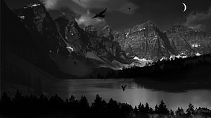 Moraine Lake at Night with Eagles and Crescent Moon in Black and White HD wallpaper