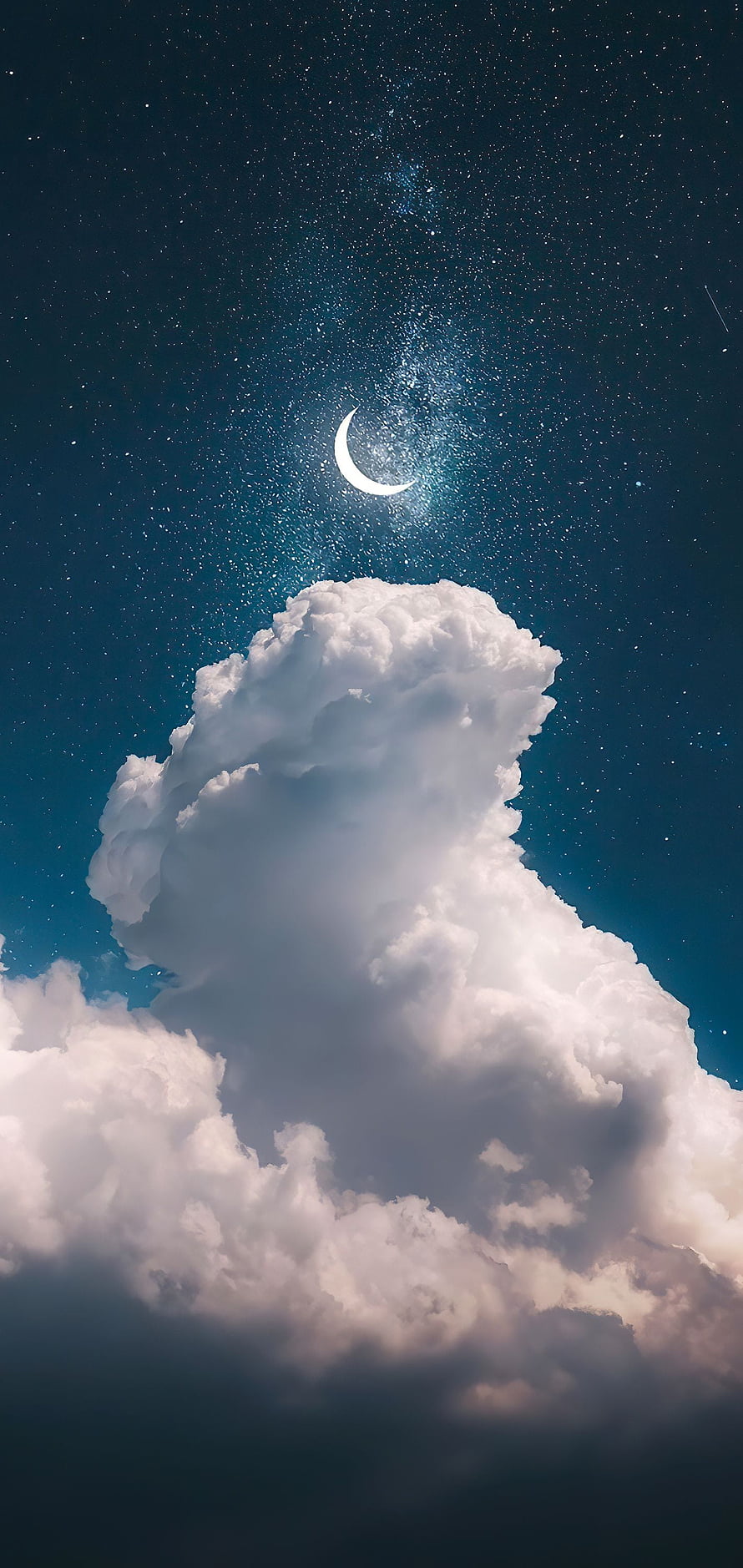 Crescent Moon and Milky Way Rising Above a Towering Cumulus Cloud Formation HD phone wallpaper