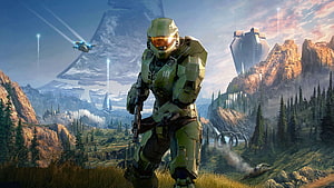 Master Chief in green armor standing in a mountain valley with Halo Infinite sci-fi structures and flying vehicles HD wallpaper