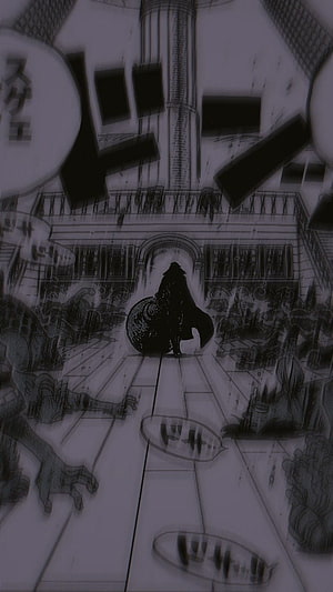 One Piece Manga Panel: Silhouetted Figure Standing in Grand Hall with Fallen Figures HD phone wallpaper