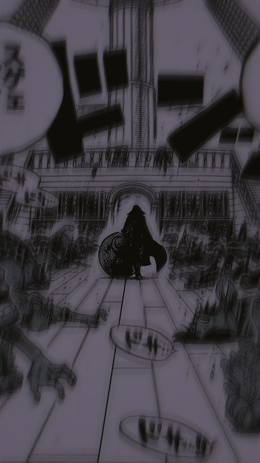 One Piece Manga Panel: Silhouetted Figure Standing in Grand Hall with Fallen Figures HD phone wallpaper