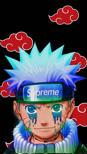 Stylized Naruto Character with Supreme Headband and Akatsuki Clouds HD phone wallpaper