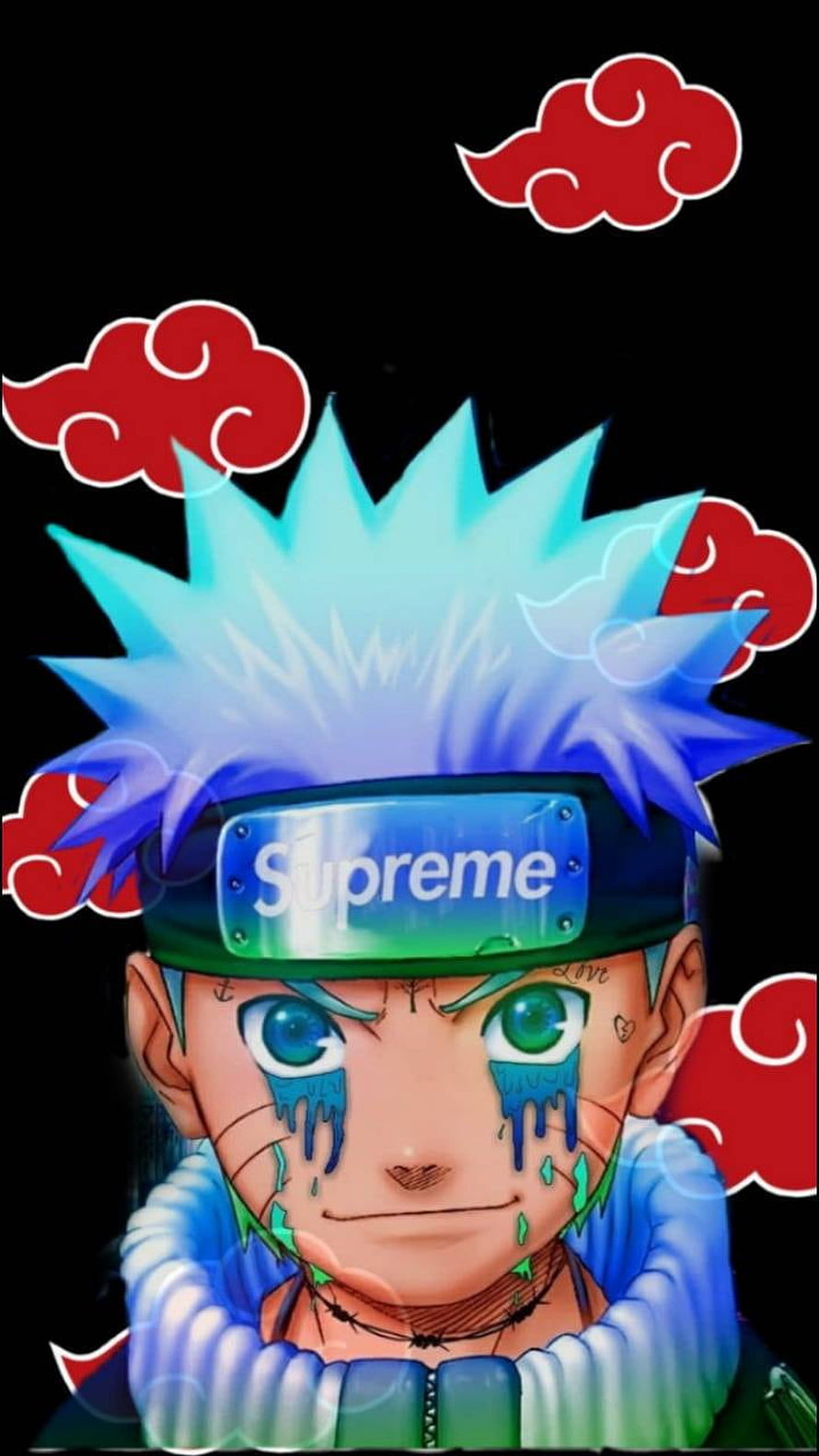 Stylized Naruto Character with Supreme Headband and Akatsuki Clouds HD phone wallpaper