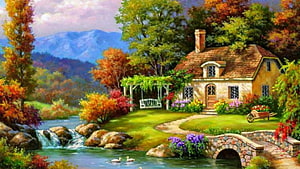 Charming Autumn Cottage with Stone Bridge, Creek, and Vibrant Garden Landscape Painting HD wallpaper