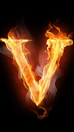 Flaming V Letter Fire Typography Design on Black Background HD phone wallpaper