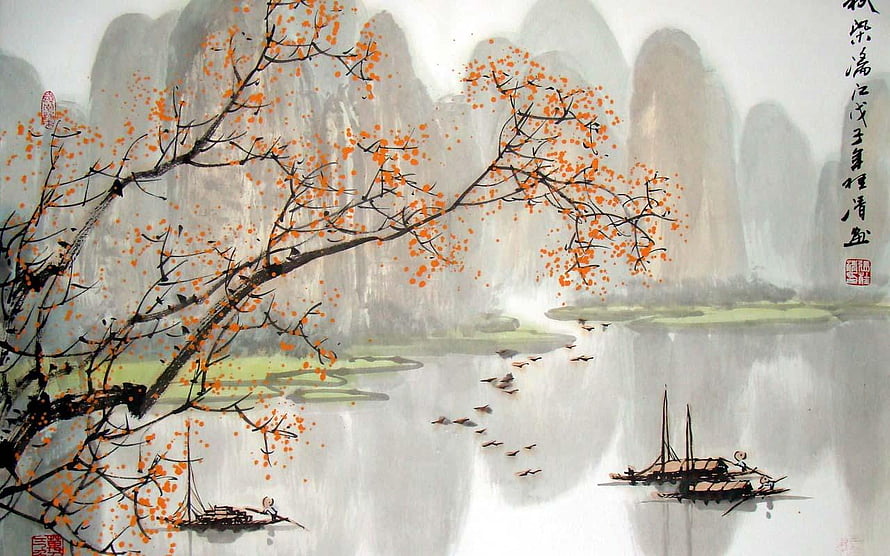 Traditional Chinese Ink Wash Landscape with Autumn Branches and Misty Mountains HD wallpaper