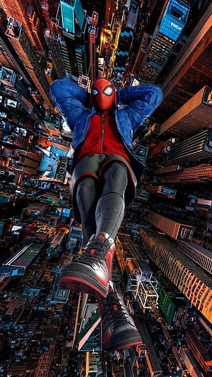 Spider-Man Floating Above a Glowing Cityscape at Night in Cinematic Style, Spiderman city, dibujos, deporte HD phone wallpaper
