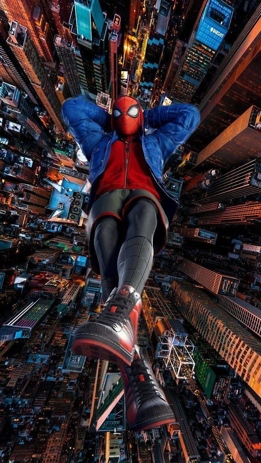 Spider-Man Floating Above a Glowing Cityscape at Night in Cinematic Style HD phone wallpaper