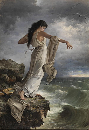 Sappho on the Cliff Edge: Romantic Oil Painting of the Ancient Greek Poetess HD phone wallpaper