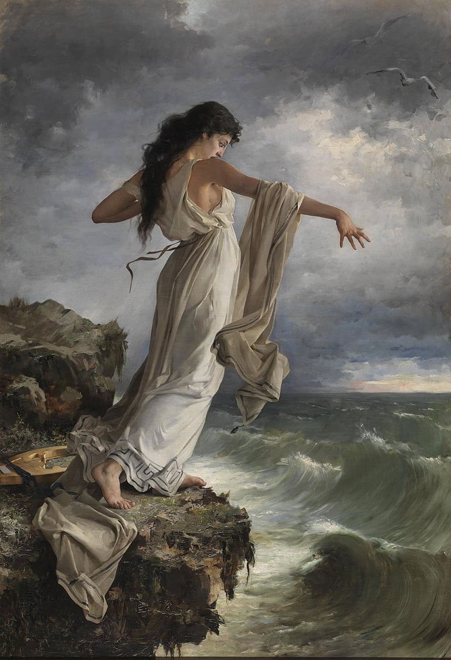 Sappho on the Cliff Edge: Romantic Oil Painting of the Ancient Greek Poetess HD phone wallpaper