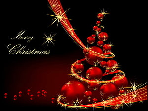 Elegant Red Christmas Tree with Glowing Ornaments and Sparkling Ribbons on Black Background HD wallpaper
