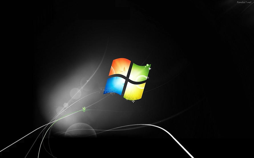 Windows 7 Logo on Dark Background with Abstract Light Streaks and Green Accents HD wallpaper