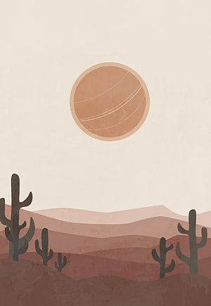 Minimalist Terracotta Desert Landscape with Cacti and Sun HD phone wallpaper