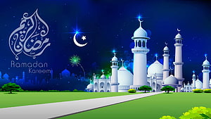 Ramadan Kareem Night Scene With White Mosque, Crescent Moon, Stars, and Fireworks HD wallpaper