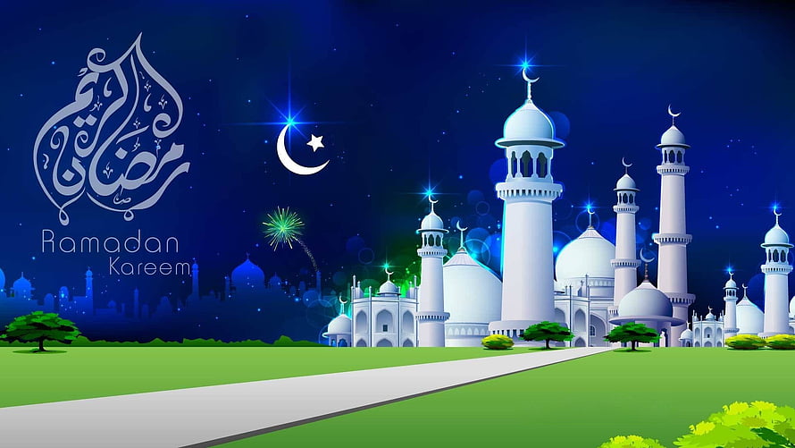 Ramadan Kareem Night Scene With White Mosque, Crescent Moon, Stars, and Fireworks HD wallpaper