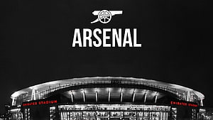 Arsenal FC Crest Above Emirates Stadium at Night in Black and White HD wallpaper