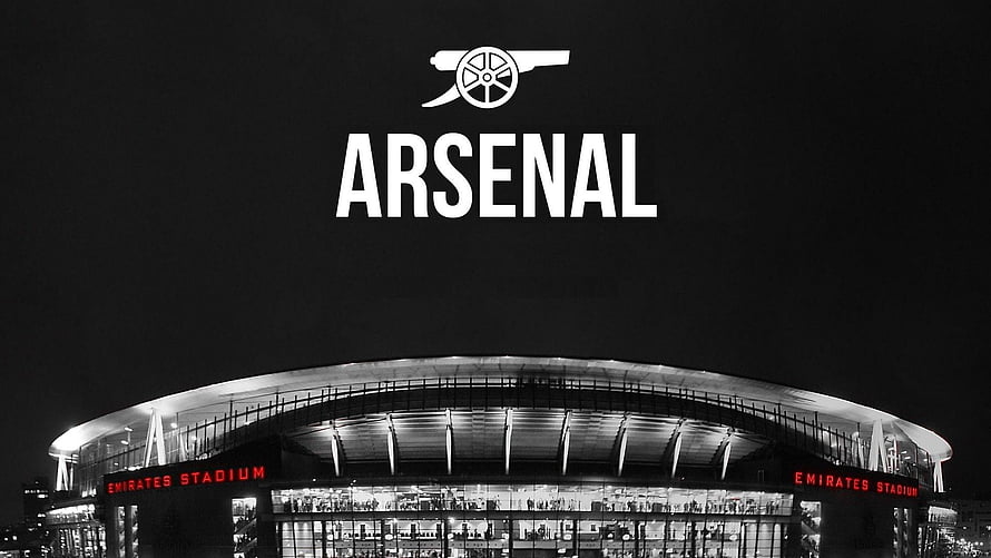 Arsenal FC Crest Above Emirates Stadium at Night in Black and White HD wallpaper