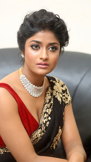 Dimple Hayathi in Red Velvet Saree with Gold Embroidery and Diamond Necklace HD phone wallpaper