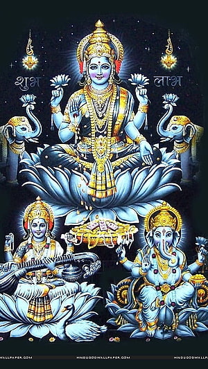 Lakshmi, Ganesha, and Saraswati Divine Hindu Deity Illustration on Lotus HD phone wallpaper
