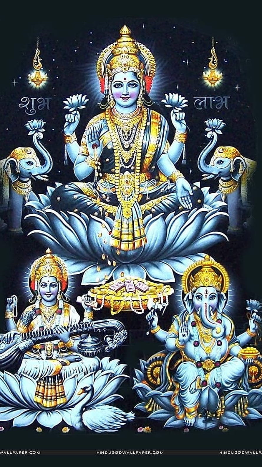 Lakshmi, Ganesha, and Saraswati Divine Hindu Deity Illustration on Lotus HD phone wallpaper