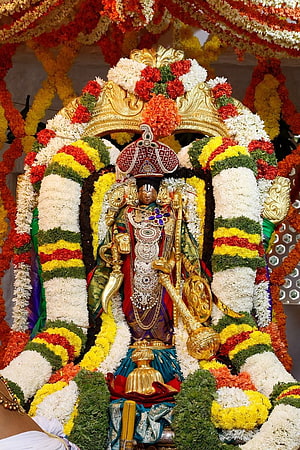 Sri Malayappa Swamy deity adorned with vibrant flower garlands at Tirumala temple HD phone wallpaper