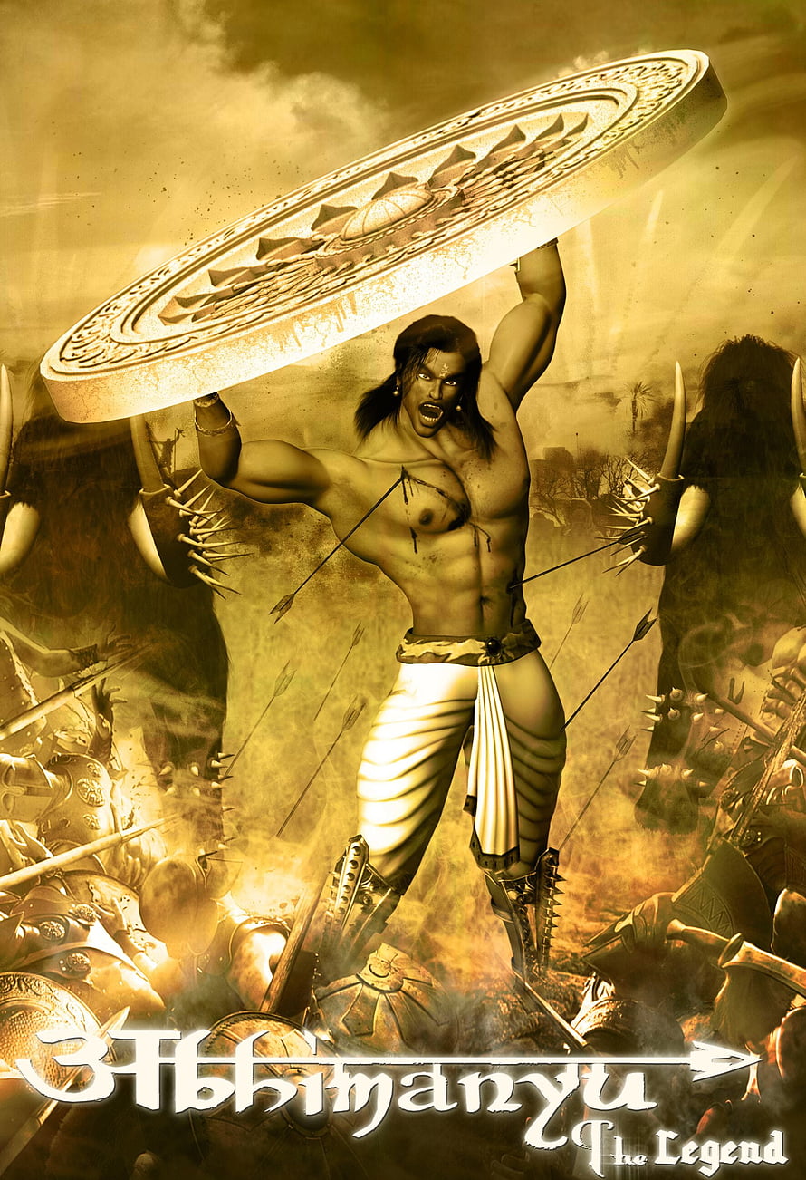 Abhimanyu The Legend Warrior Holding Giant Chakra in Epic Battle Scene HD phone wallpaper