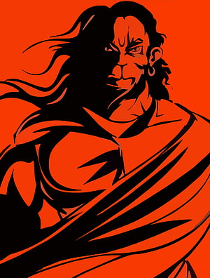 Hanuman Ji Bold Red and Black Illustration with Flowing Hair and Intense Expression, Hanuman Ji In HD phone wallpaper