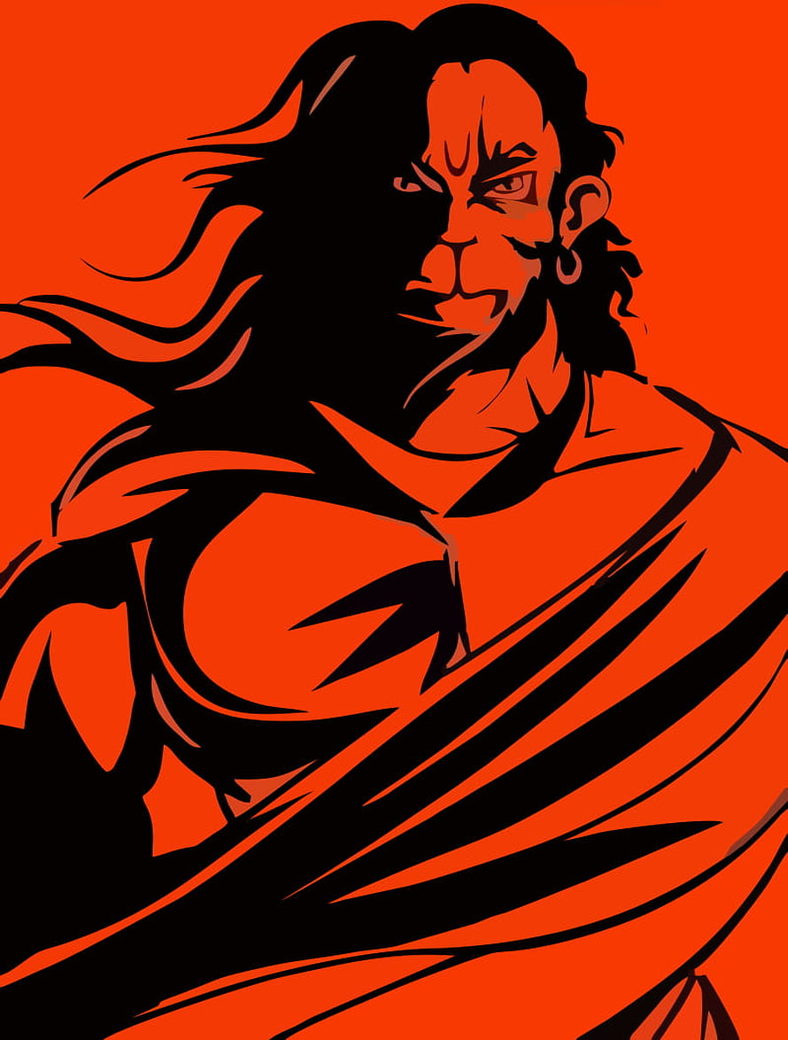 Hanuman Ji Bold Red and Black Illustration with Flowing Hair and Intense Expression HD phone wallpaper