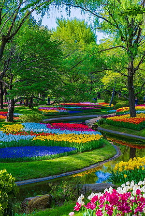 Vibrant Tulip Beds and Winding Stream in a Lush Spring Garden HD phone wallpaper